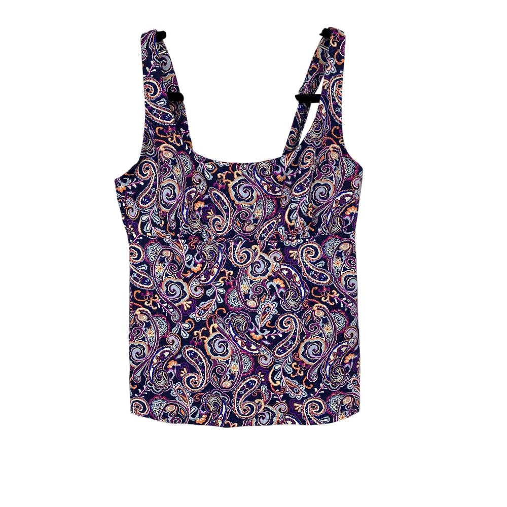 Lands' End D-Cup Square Neck Underwire Tankini Top Womens 8D Blue Paisley Print